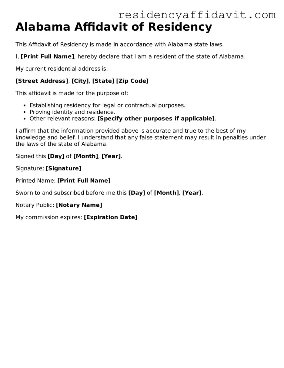 Attorney-Approved  Affidavit of Residency Document for Alabama