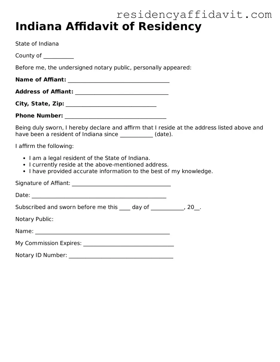 Free Indiana Affidavit of Residency Template ⇒ Simple PDF Form