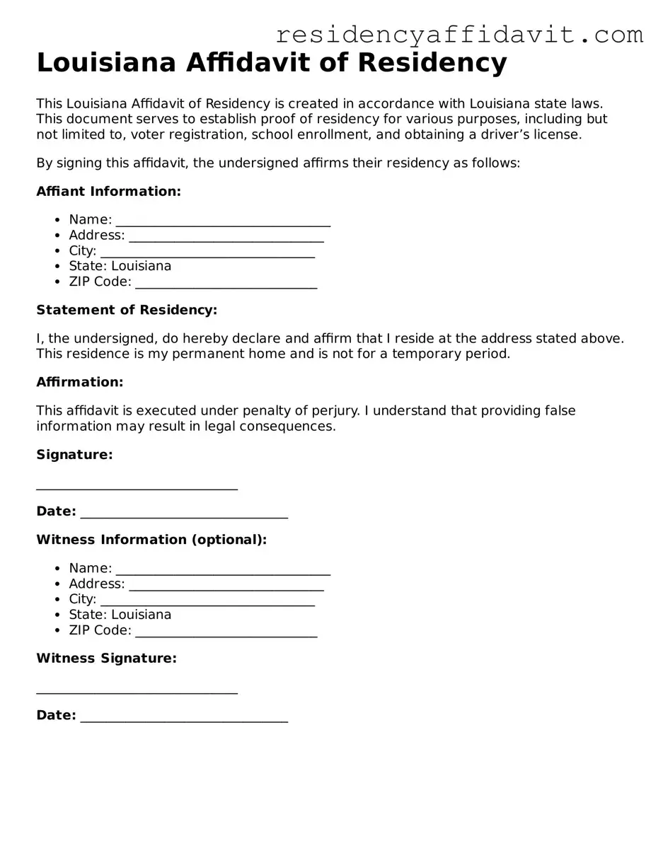 Attorney-Approved  Affidavit of Residency Document for Louisiana